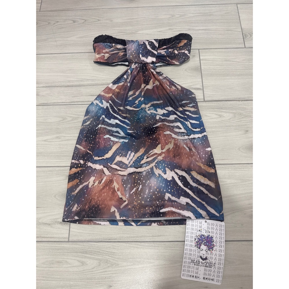 Dead Myself Abstract Tiger Galaxy Print Halter Top Sequin Trim Open Back NWT
